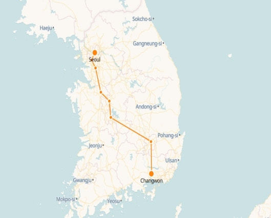 Changwon to Seoul route shown on KTX train map
