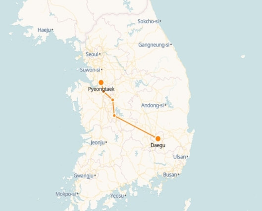 Pyeongtaek to Busan route shown on KTX train map
