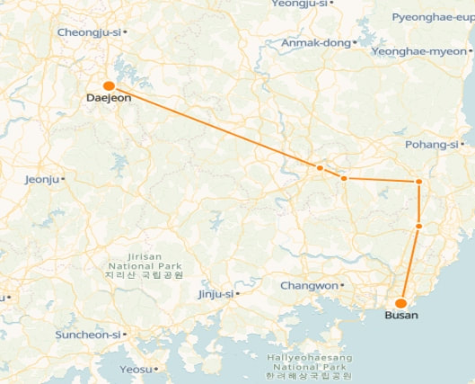 Daejeon to Busan route shown on KTX train map