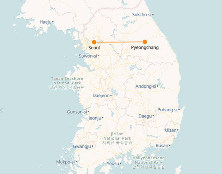 Pyeongchang to Seoul route shown on KTX train map