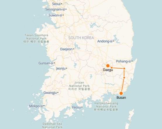 Daegu to Busan route shown on KTX train map