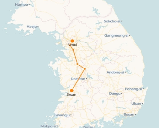 Iksan to Seoul route shown on KTX train map