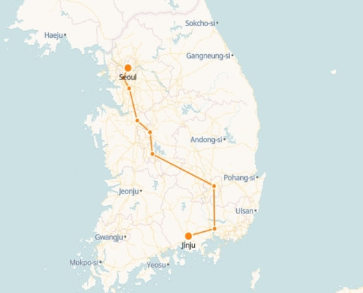 jinju to Seoul route shown on KTX train map