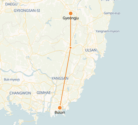 Seoul to Gyeongju route shown on KTX train map