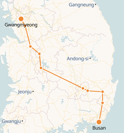  Busan to Pyeongtaek route shown on KTX train map