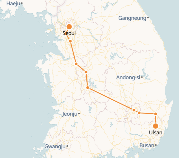 Ulsan to Seoul route shown on KTX train map