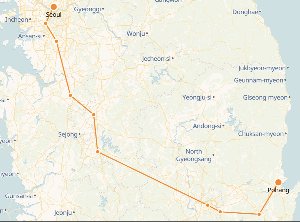 Seoul to Pohang route shown on KTX train map