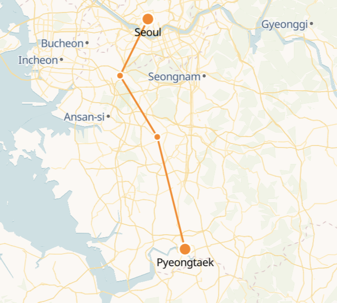 Seoul to Pyeongtaek route shown on KTX train map