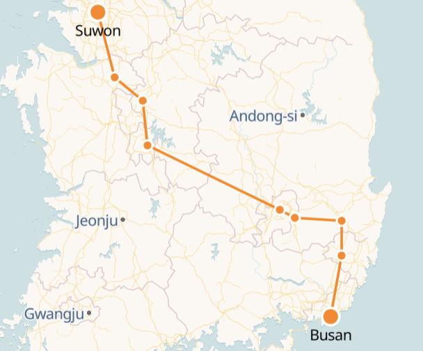 Busan to Suwon route shown on KTX train map