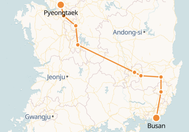  Busan to Pyeongtaek route shown on KTX train map