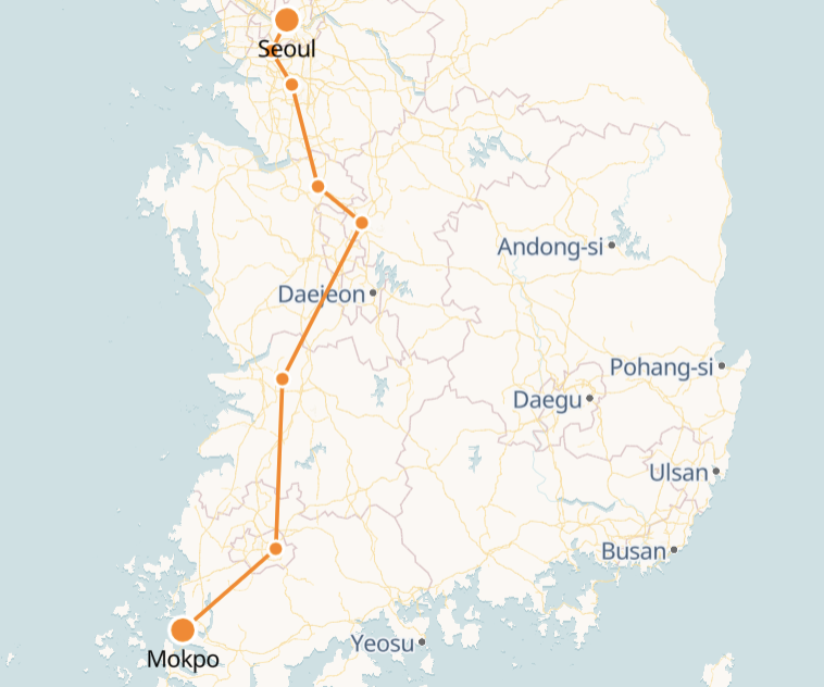 Mokpo to Seoul route shown on KTX train map