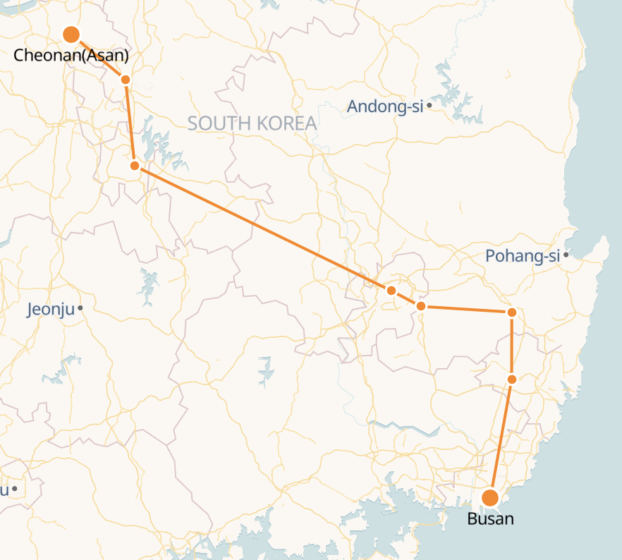  Busan - Cheonan(Asan) route shown on KTX train map