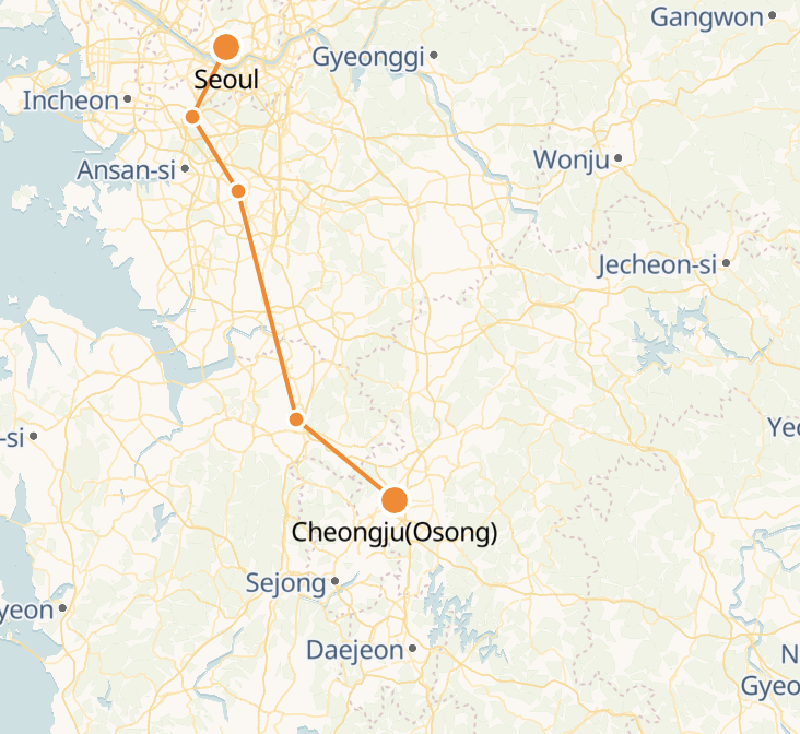 Cheongju to Seoul route shown on KTX train map