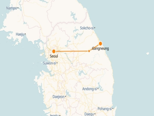 Seoul to Gangneung route shown on KTX train map