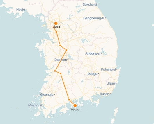 Seoul to Yeosu route shown on KTX train map