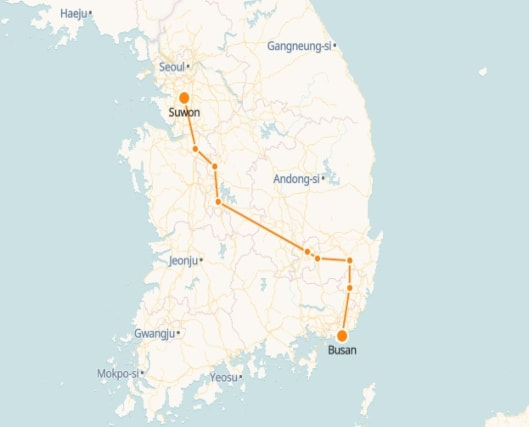 Suwon to Busan route shown on KTX train map